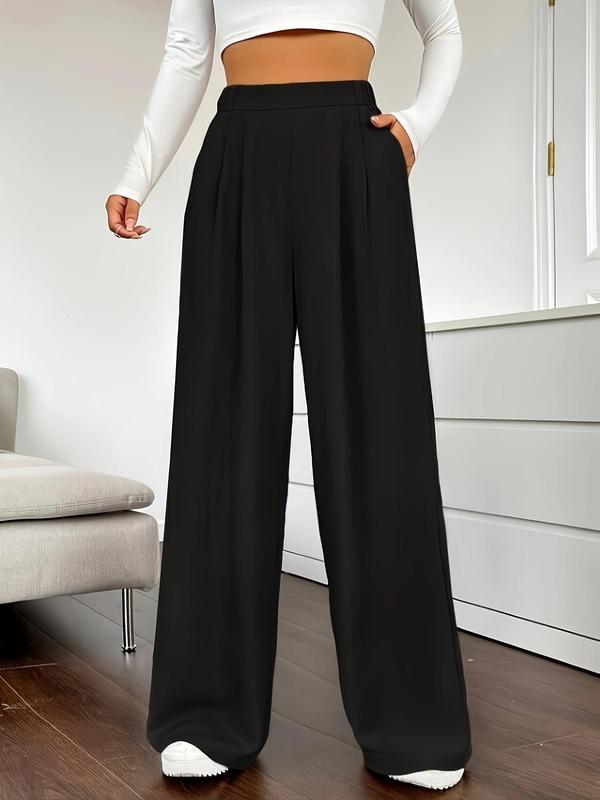 Women's Solid Color Plicated High Waist Straight Leg Pants, Elegant Fashion Casual Pocket Trousers for Daily Outdoor Wear, Women's Bottoms for Fall & Winter