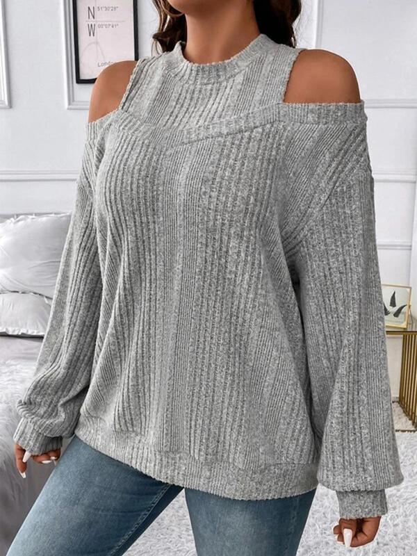 Women's Plain Cut Out Cold Shoulder Sweater, Casual Drop Shoulder Long Sleeve Jumper for Fall & Winter, Women's Knitwear for Daily Wear