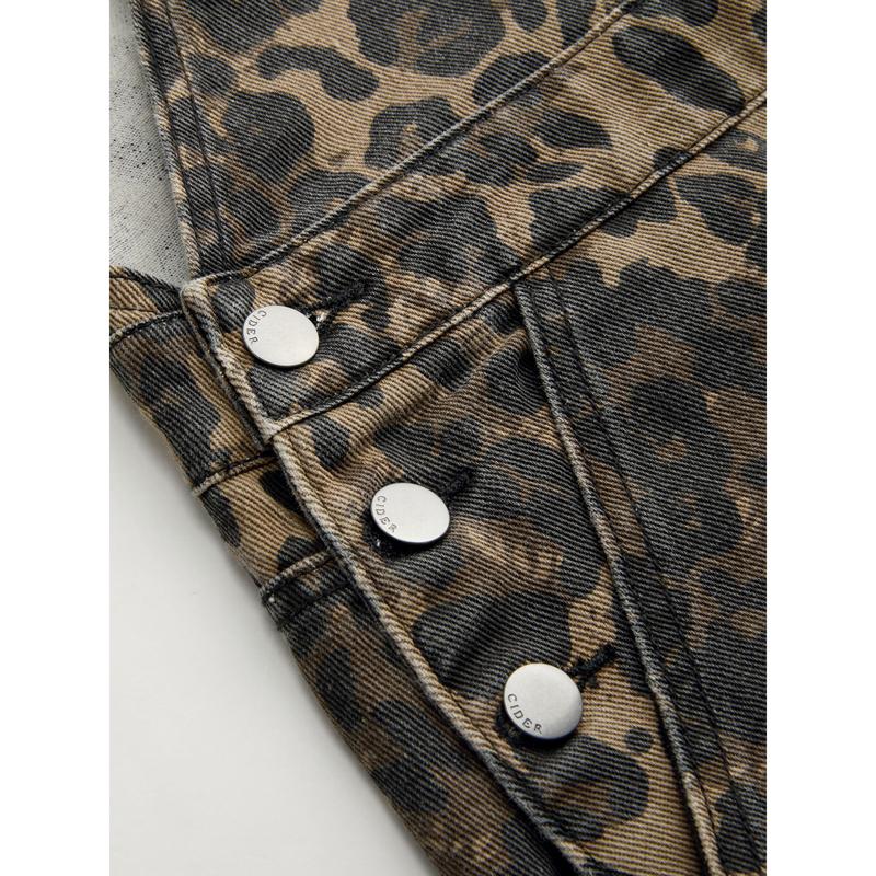 Cider [size 0-26] Oversized Denim Leopard Pocket Buckle Up Wide Leg Jumpsuit, Womenswear Overalls