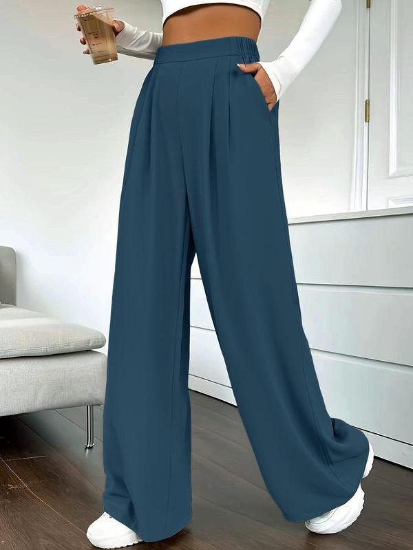 Women's Solid Color Plicated High Waist Straight Leg Pants, Elegant Fashion Casual Pocket Trousers for Daily Outdoor Wear, Women's Bottoms for Fall & Winter