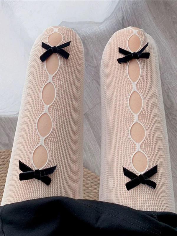 Women's 1 Pair Bow Decor Hollow Out Sheer Over the Knee Socks, Cute Elegant Romantic Socks for Lolita Cosplay Dating Daily Wear, Ladies Socks for Spring & Summer