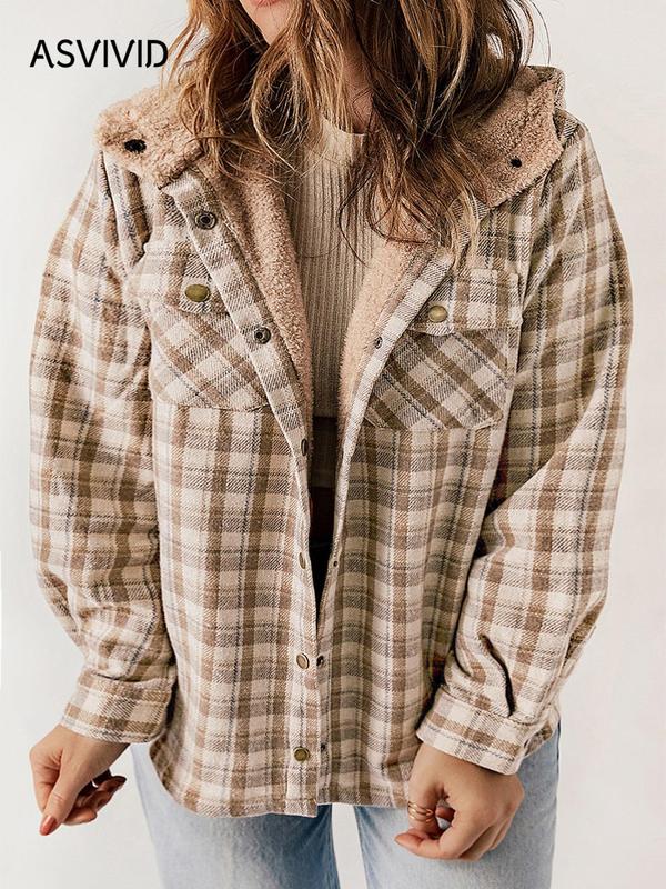  Plus Size Plaid Print Button Front Drop Shoulder Fuzzy Hooded Coat, Casual Long Sleeve Pocket Outerwear for Fall & Winter, Women's Clothes for Daily Wear