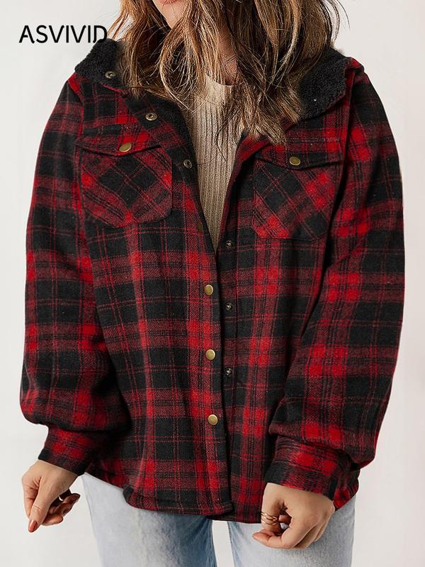  Plus Size Plaid Print Button Front Drop Shoulder Fuzzy Hooded Coat, Casual Long Sleeve Pocket Outerwear for Fall & Winter, Women's Clothes for Daily Wear