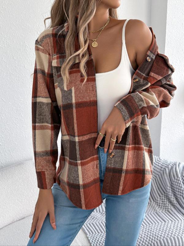 Women's Color-blocked Plaid Print Button Front Drop Shoulder Shirt Coat, Casual Long Sleeve Collared Flannel Outerwear for Fall & Winter, Ladies Clothes for Daily Wear