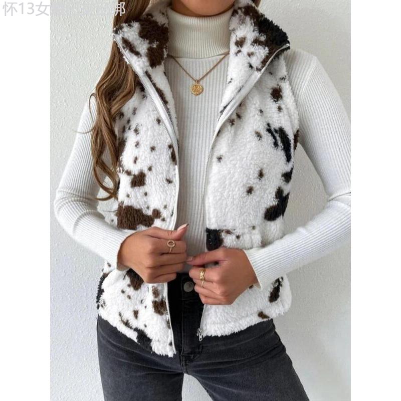 Women's Cow Print Zip Up Plush Gilet, Casual Pocket Collared High Neck Vest Outerwear for Fall & Winter, Winter Clothes Women, Clothing Tops for Lady Daily Wear, Going Out Outfits 2024, Fall Outfits Comfort Womenswear Comfort Womenswear Chic Comfortable