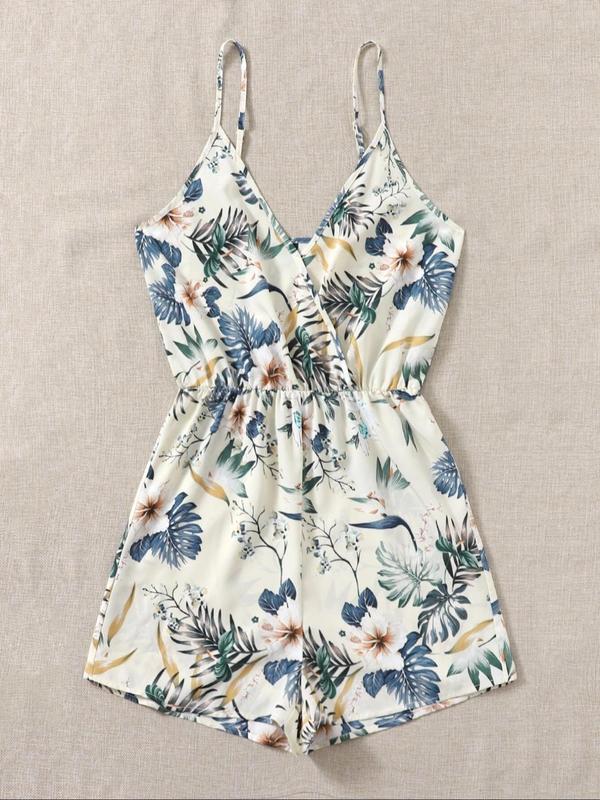 Women's Floral Print Ruched Wrap Vintage Cami Romper, Boho Casual Sleeveless Adjustable Strap Romper for Summer, Ladies Clothes for Beach Holiday Vacation