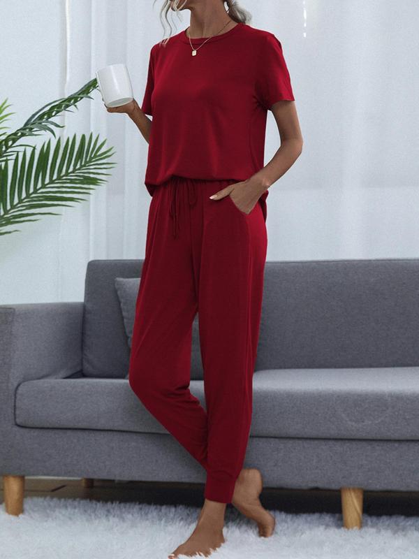 Two-Piece Set Women's Solid Color Round Neck Tee & Pocket Tie Front Pants Set, Casual Short Sleeve T-Shirt & Trousers for Daily Wear, Ladies Two-Piece Outfits for All Seasons