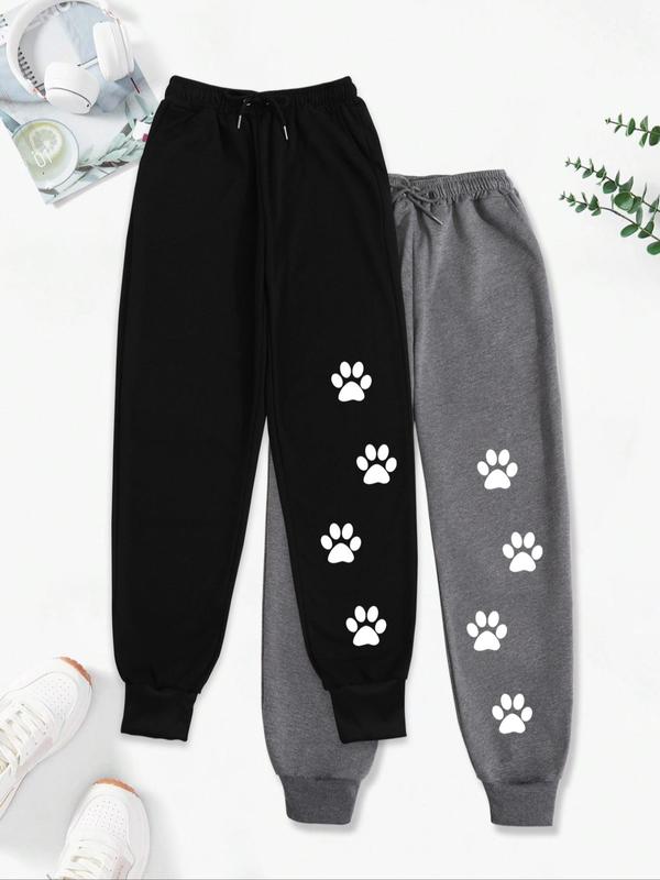 Women's Dog Paw Print Drawstring Waist Sweatpants, Casual Pocket Jogger Pants for Fall & Winter, Women's Trousers for Daily Wear