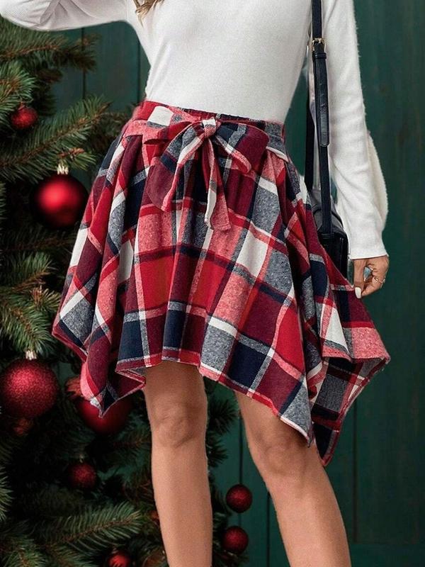 Women's Plaid Print Asymmetrical Hem Skirt, Casual High Waist Short Skirt for Fall & Winter, Women's Bottoms for Daily Wear