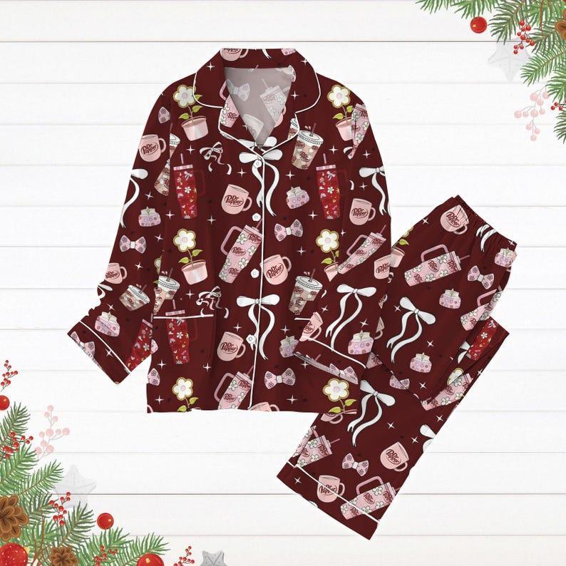 Dr Pepper Pajamas Set, Pepper Coquette Bow Holiday Pajamas, Soda Lover Christmas Shirt, Pajamas For Party, Pj Set Pants, Set Of Pajamas