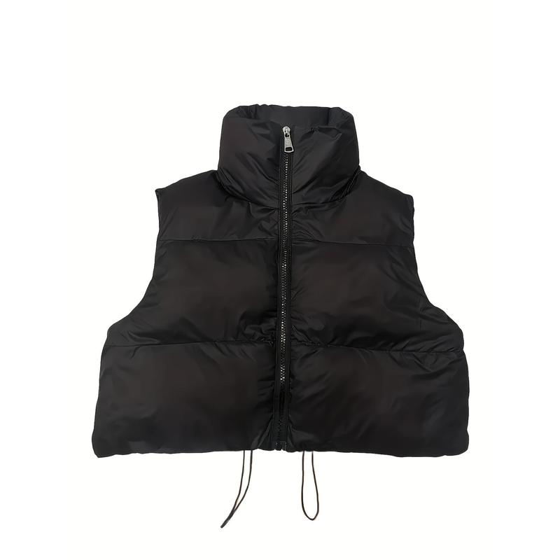 Solid Color Zip-up Puffy Vest, Casual Sleeveless Stand Collar Warm Vest For Fall & Winter, Women's Clothing