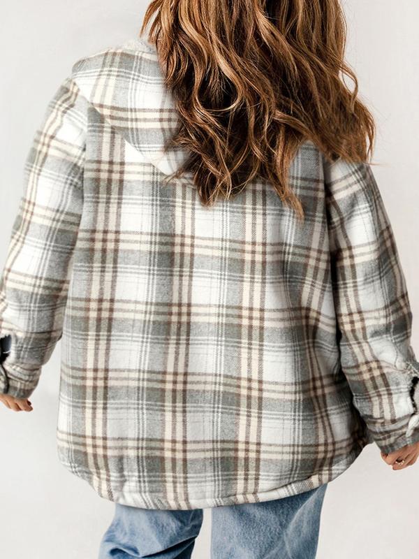  Plus Size Plaid Print Button Front Drop Shoulder Fuzzy Hooded Coat, Casual Long Sleeve Pocket Outerwear for Fall & Winter, Women's Clothes for Daily Wear