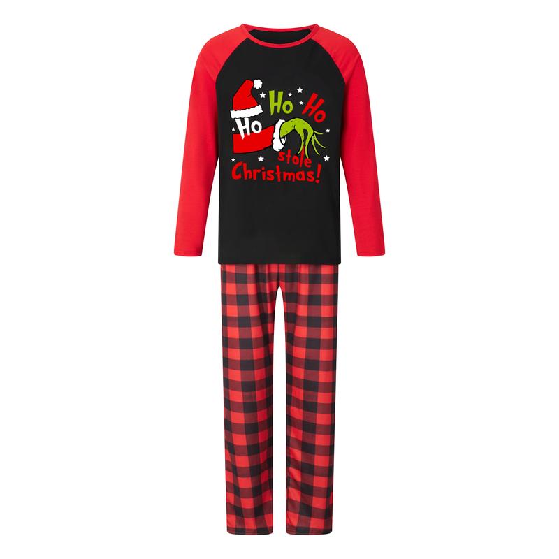 Family Matching Christmas Pajamas, Baby Romper Dog Clothes Letter Green Monster Hand Print Tops and Plaid Pants Sleepwear Set