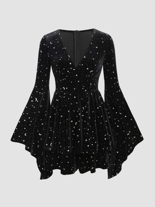 Women's Stars & Moon Print Flounce Sleeve Velvet Dress, Elegant Deep V Neck A Line Dress for Party Holiday Wedding Guest, Ladies Fall & Winter Clothes, Dresses for Party, Vintage Girly Long Sleeve Clothes, Fall Clothing