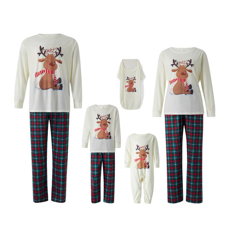 2024 New Family Christmas Pajamas Matching Set, Elk Print Long-Sleeve Tops with Plaid Pants Xmas Pj's Clothes Homewear Sleepwear Loungewear Nightwear for Adult, Kid, Baby, Dog Womenswear Polyester