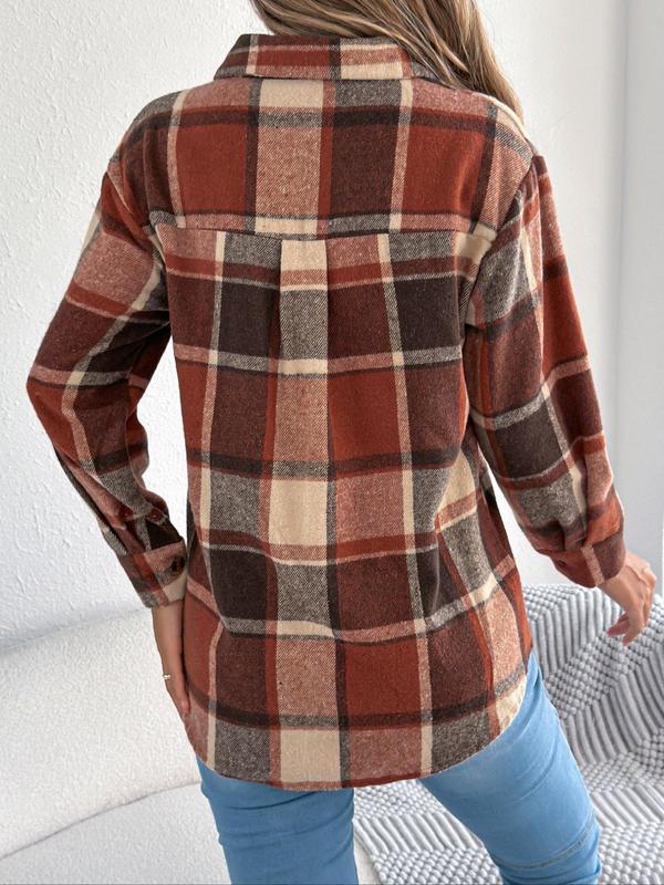 Women's Color-blocked Plaid Print Button Front Drop Shoulder Shirt Coat, Casual Long Sleeve Collared Flannel Outerwear for Fall & Winter, Ladies Clothes for Daily Wear