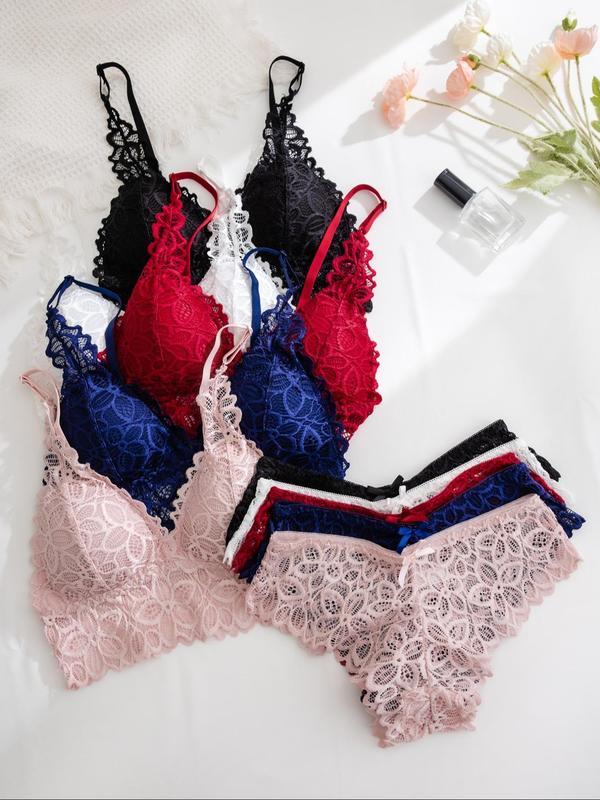 Women's Floral Lace Push Up Bra & Bow Decor Panty Set, Casual Comfy Breathable Wireless Bra & Knicker Set for Daily Wear, Lingerie Set for All Seasons