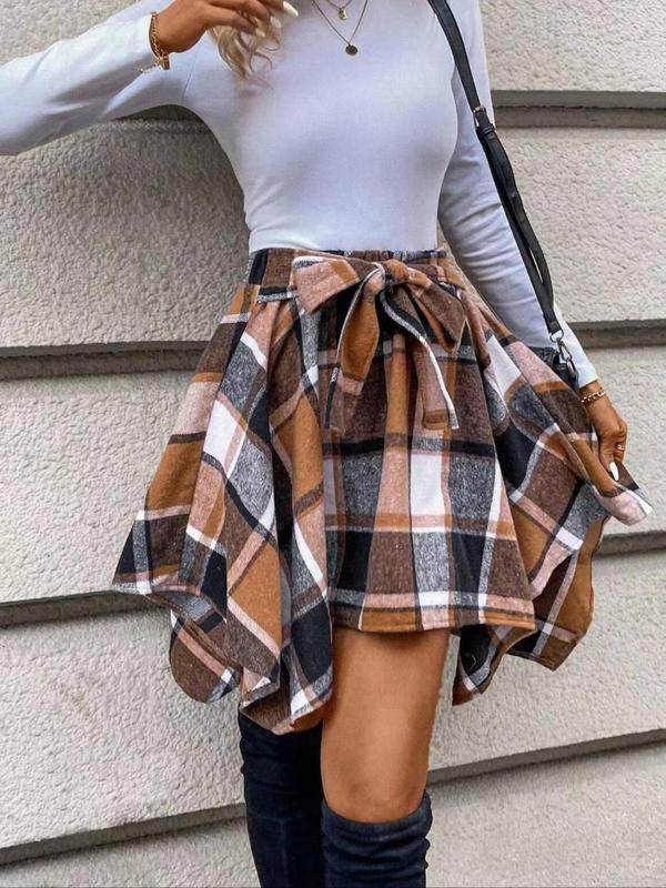 Women's Plaid Print Asymmetrical Hem Skirt, Casual High Waist Short Skirt for Fall & Winter, Women's Bottoms for Daily Wear