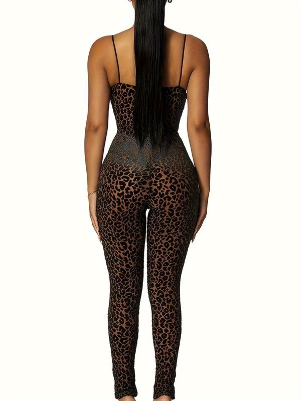 Leopard Print Spaghetti Strap Jumpsuit, Sexy Sleeveless Mesh Skinny Jumpsuit For Spring & Summer, Women's Clothing