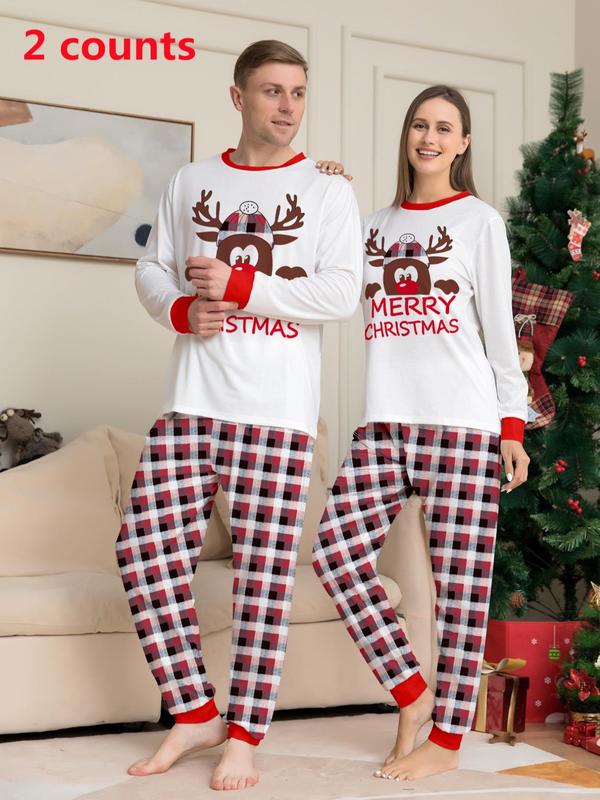 Two-piece Set Couple's Christmas Print Pajama Set, Casual Comfy Long Sleeve Crew Neck Sleep Tee & Elastic Waist Pants PJ Set, Couple's Sleepwear for Spring & Fall