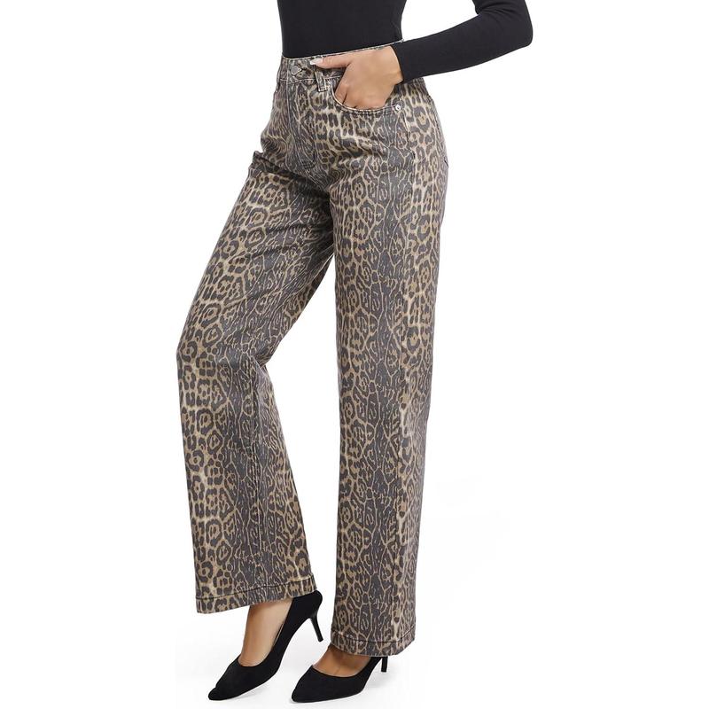 Women's Jeans Straight Leg Casual High Waisted Stretch Trendy Leopard Pull On Jeans for Women