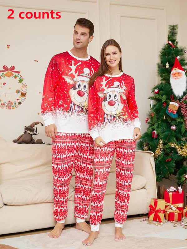 Two-piece Set Couple's Christmas Print Pajama Set, Casual Comfy Long Sleeve Crew Neck Sleep Tee & Elastic Waist Pants PJ Set, Couple's Sleepwear for Spring & Fall