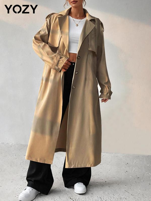 Christmas Deals, YOZY Women's Solid Button Front Belted Trench Coat, Casual Lapel Collar Long Sleeve Coat for Fall & Winter, Women's Clothing for Daily Wear, Christmas 2024 Trend, Christmas Clothes, Fall&Winter Clothes, Christmas Gift Ideas