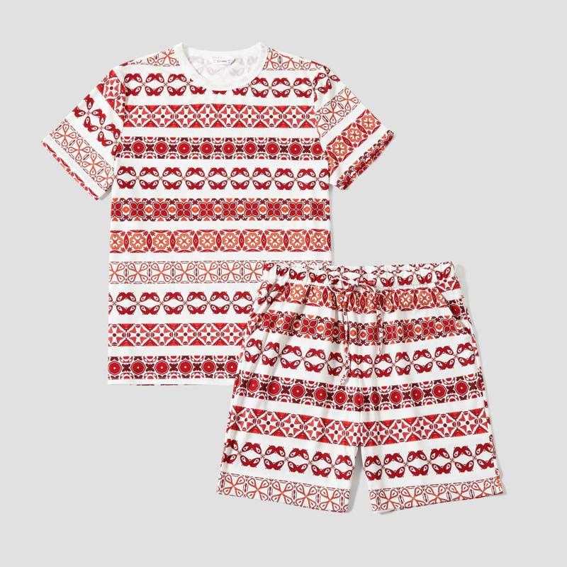 PatPat Family Matching Fair Isle Printed Short-Sleeve Top and Pocketed Shorts Pajamas Sets