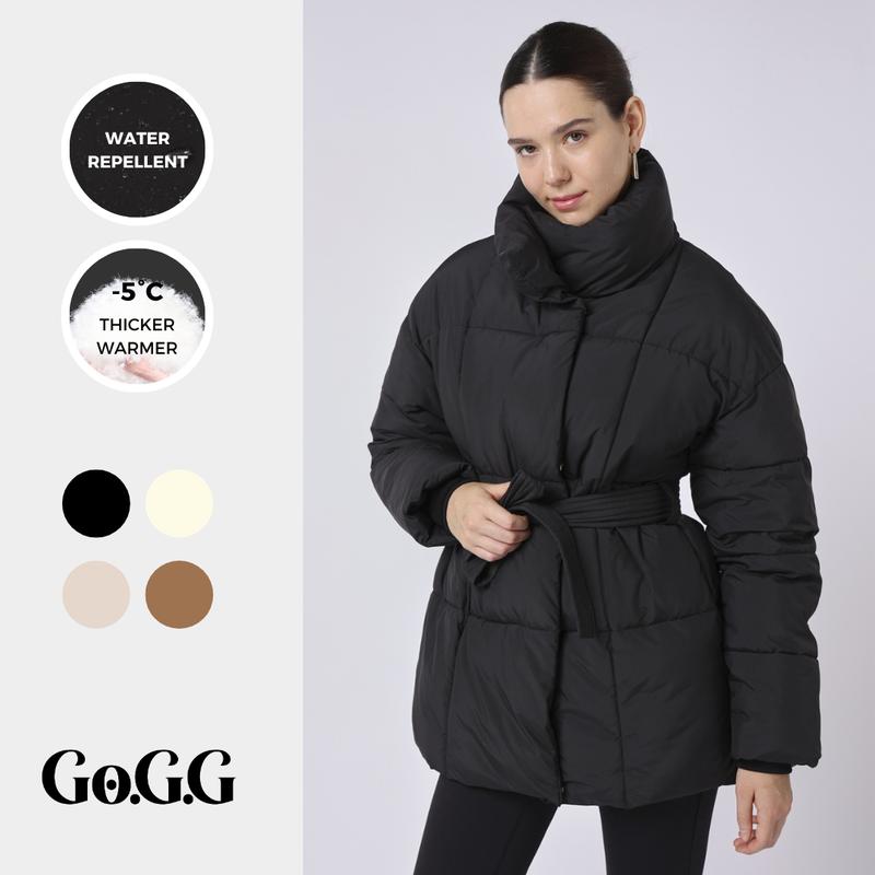 Go.G.G Mid Length Belted Puffer Jacket Womenswear Coats, Winter Warm Classic Solid Color Quilted Outerwear Tops, Button Front Full Zip Long Sleeve Coats for Women with Deep Pockets