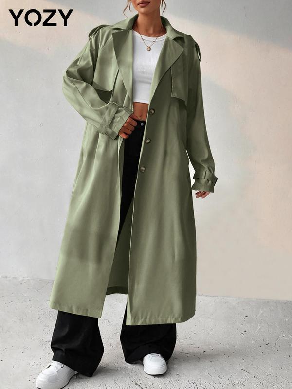 Christmas Deals, YOZY Women's Solid Button Front Belted Trench Coat, Casual Lapel Collar Long Sleeve Coat for Fall & Winter, Women's Clothing for Daily Wear, Christmas 2024 Trend, Christmas Clothes, Fall&Winter Clothes, Christmas Gift Ideas