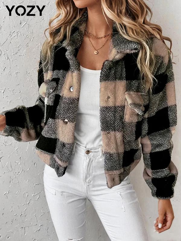 YOZY Women's Plaid Print Pocket Button Front Fuzzy Jacket, Casual Long Sleeve Collared Plush Outerwear for Fall & Winter, Ladies Clothes for Daily Wear