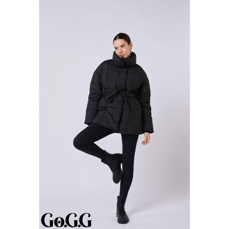 Go.G.G Mid Length Belted Puffer Jacket Womenswear Coats, Winter Warm Classic Solid Color Quilted Outerwear Tops, Button Front Full Zip Long Sleeve Coats for Women with Deep Pockets