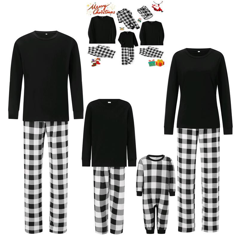 Christmas Pajamas For Family Long Sleeve Round Neck Tops Romper Plaid Print Trousers