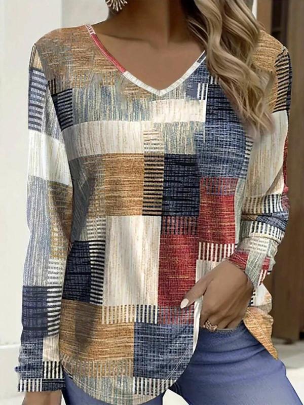 Women's Patchwork Print V Neck Tee, Casual Long Sleeve T-shirt for Spring & Fall, Women's Top for Daily Wear