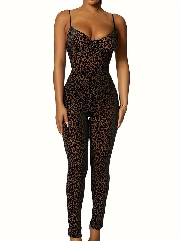 Leopard Print Spaghetti Strap Jumpsuit, Sexy Sleeveless Mesh Skinny Jumpsuit For Spring & Summer, Women's Clothing