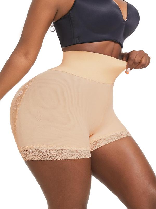 Women's Solid Contrast Lace High Waist Shapewear Shorts, Casual Stretchy Tummy Control Shapewear Shorts, Ladies Shapewear Bottoms