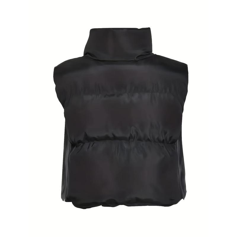 Solid Color Zip-up Puffy Vest, Casual Sleeveless Stand Collar Warm Vest For Fall & Winter, Women's Clothing