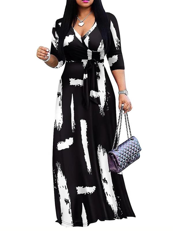 Women's All Over Print Belted Wrap Dress, Elegant V Neck 3 4 Sleeve Long Dress for Summer,  Dresses for Women, Women's Clothing for Daily Wear