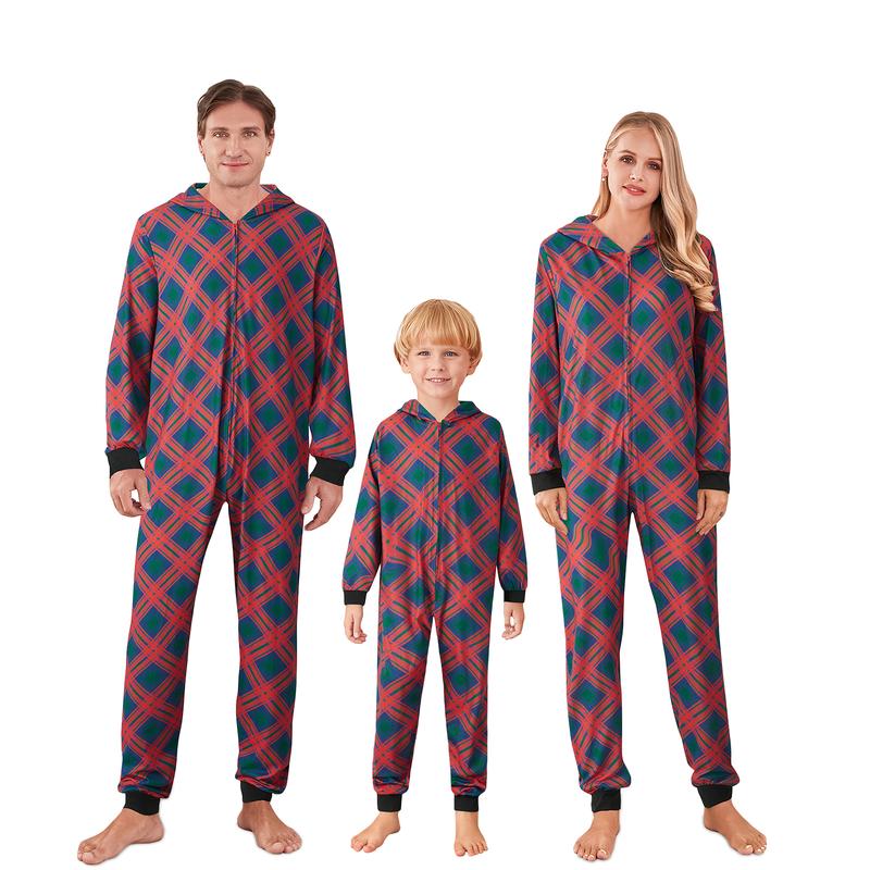 Family Christmas Pajamas, Long Sleeve Elk Christmas Tree Plaid Snowflake Print Hooded Jumpsuit Sleepwear Womenswear Check