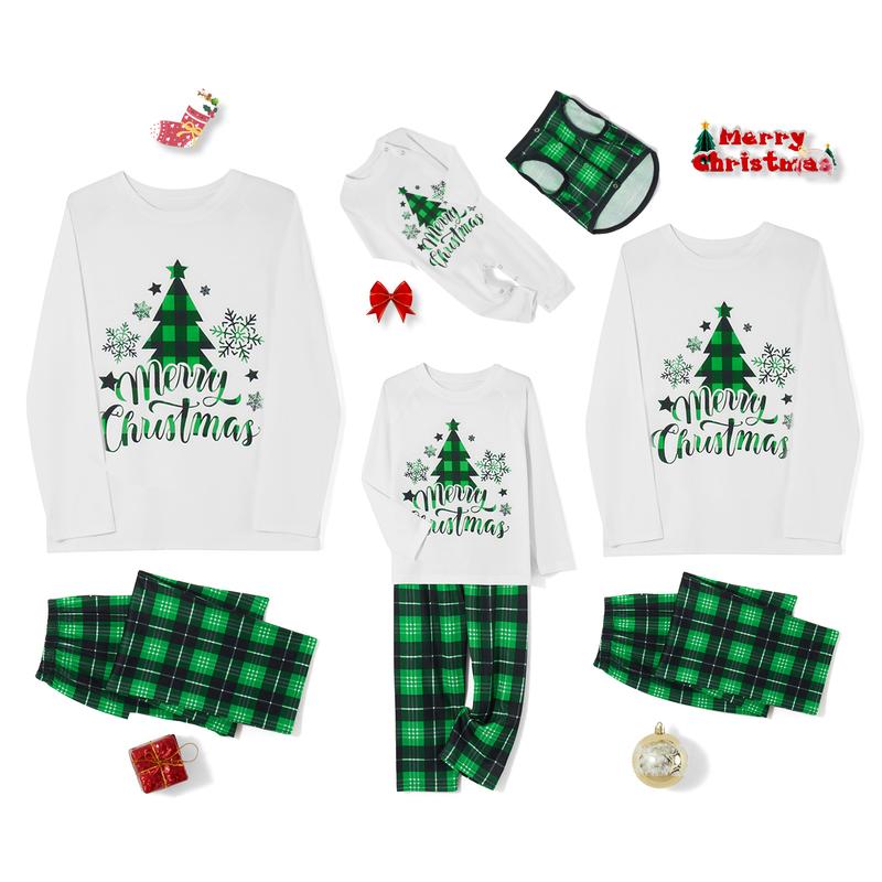 Family Matching Christmas Pajamas, Long Sleeve Xmas Tree Letter Print Tops Green Plaid Pants Sleepwear Outfits