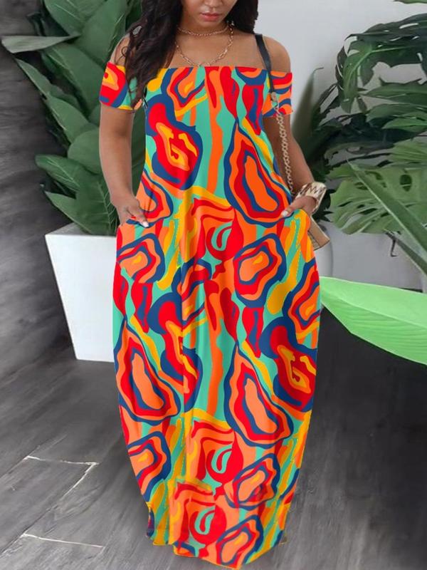  All Over Print Off Shoulder Camo Dress, Casual Loose Short Sleeve Long Dress for Summer, Back To School Outfits, Dresses for Women, Summer Dresses 2024, Women's Clothes for Daily Wear, Plus Size Fall Outfits 2024， Moo Moo Dresses