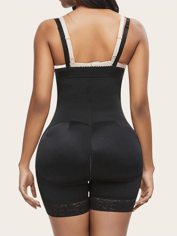 Women's Solid Color Contrast Lace Zipper Closure Crotch Shapewear Bodysuit, Scallop Trim Adjustable Hooks Tummy Control Hip Lifter Shaper Romper,  Waist Trainer Women, Women's Shapewear for Daily Wear Sexy