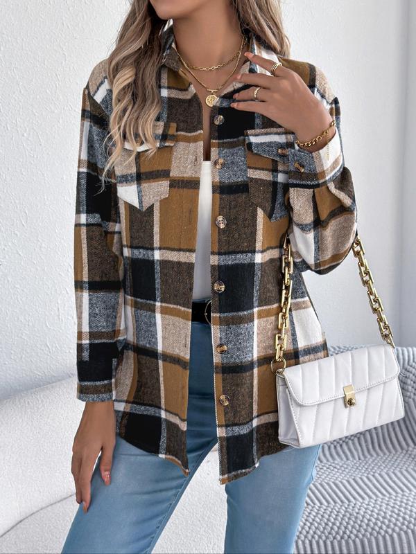 Women's Color-blocked Plaid Print Button Front Drop Shoulder Shirt Coat, Casual Long Sleeve Collared Flannel Outerwear for Fall & Winter, Ladies Clothes for Daily Wear