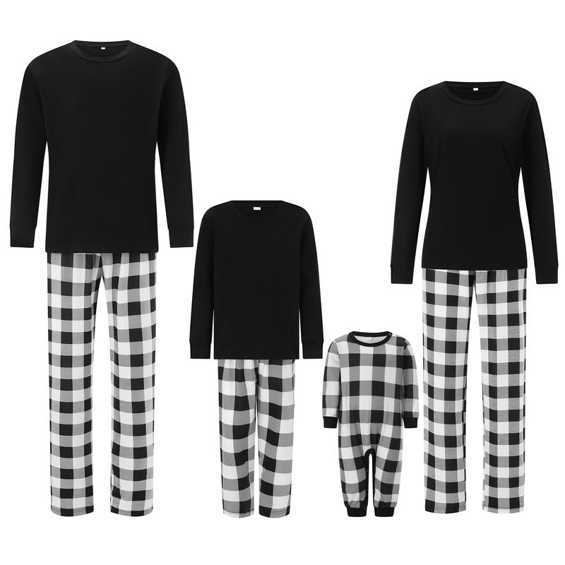 Family Matching Christmas Pajama Set Long Sleeve Round Neck Tops Romper Plaid Print Trousers