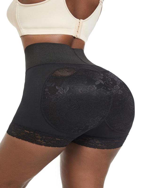 Women's Solid Contrast Lace High Waist Shapewear Shorts, Casual Stretchy Tummy Control Shapewear Shorts, Ladies Shapewear Bottoms