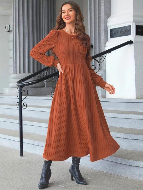 Women's Striped Print Long Sleeve Dress, Elegant Casual Ribbed Long Dress for Fall & Winter, Women's Clothing for Daily Wear