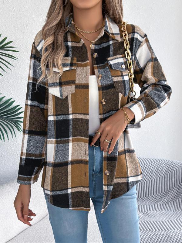 Women's Color-blocked Plaid Print Button Front Drop Shoulder Shirt Coat, Casual Long Sleeve Collared Flannel Outerwear for Fall & Winter, Ladies Clothes for Daily Wear