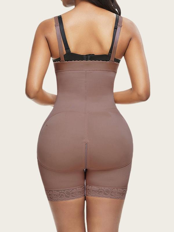 Women's Solid Color Contrast Lace Zipper Closure Crotch Shapewear Bodysuit, Scallop Trim Adjustable Hooks Tummy Control Hip Lifter Shaper Romper,  Waist Trainer Women, Women's Shapewear for Daily Wear Sexy