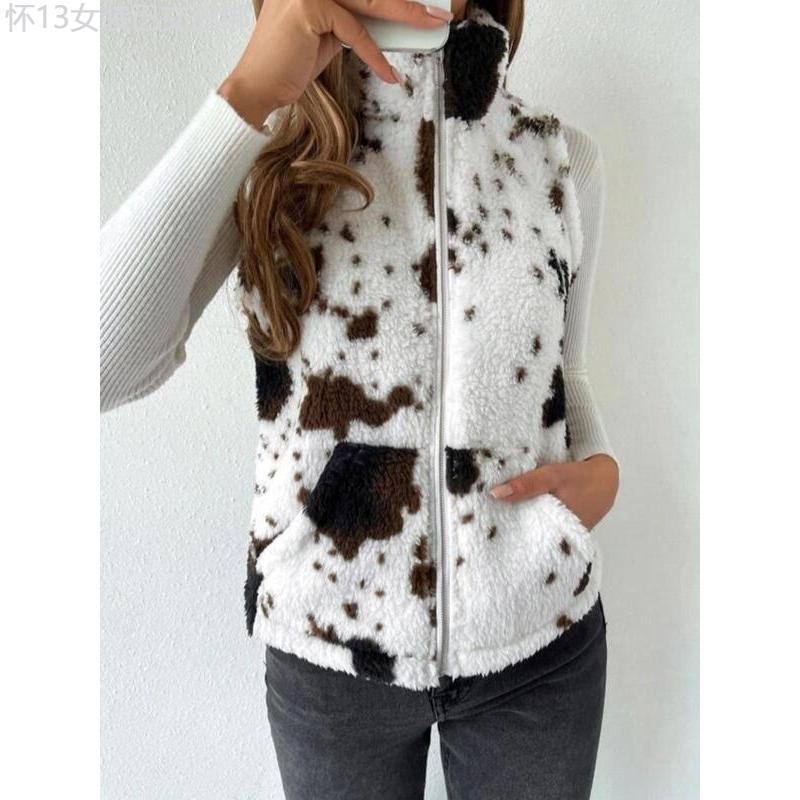 Women's Cow Print Zip Up Plush Gilet, Casual Pocket Collared High Neck Vest Outerwear for Fall & Winter, Winter Clothes Women, Clothing Tops for Lady Daily Wear, Going Out Outfits 2024, Fall Outfits Comfort Womenswear Comfort Womenswear Chic Comfortable