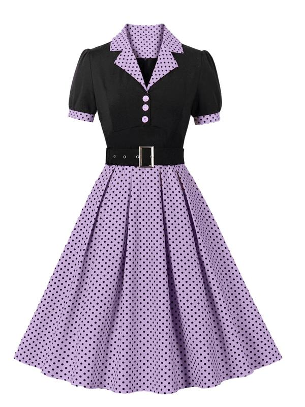 Plus Size Polka Dot Print Button Front Plicated Shirt Dress, Elegant Puff Sleeve Lapel Neckline High Waist A-line Dress for Party Holiday Wedding Guest, Women's Clothes for All Seasons